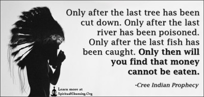 Only after the last tree has been cut down. Only after the last river has been poisoned. Only after the last fish has been caught. Only then will you find that money cannot be eaten.
