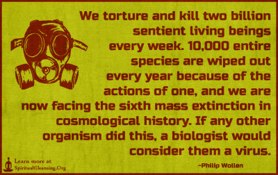 We torture and kill two billion sentient living beings every week. 10,000 entire species are wiped out every year because of the actions of one