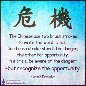 The Chinese use two brush strokes to write the word 'crisis.' One brush stroke